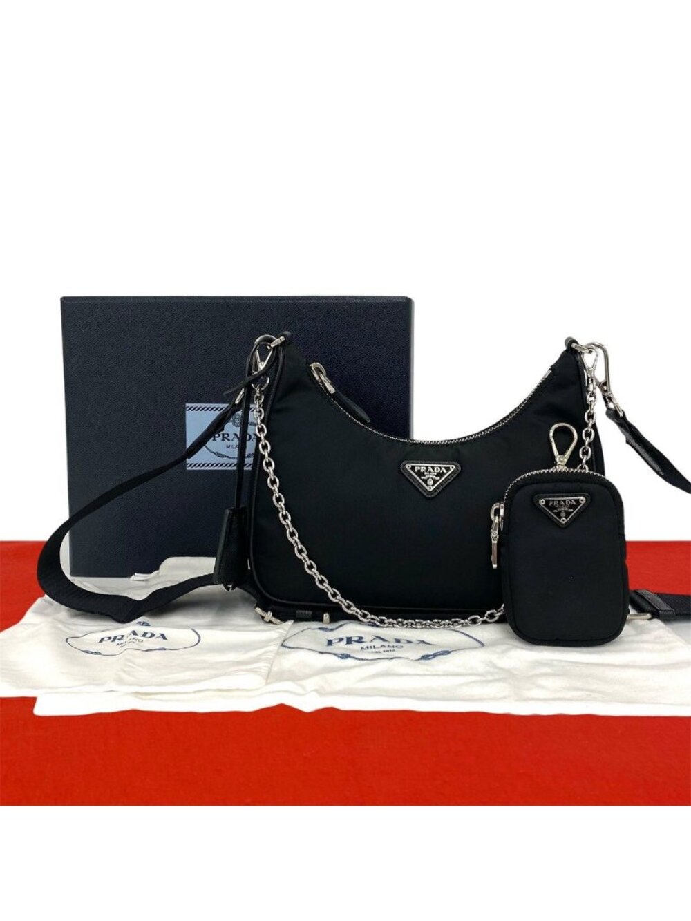 Prada Triangle Logo Tessuto Pocono Nylon Saffiano Leather Chain 2-Way Shoulder